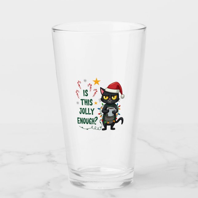 Is This Jolly Enough Black Cat Merry Christmas Tre Glass (Front)