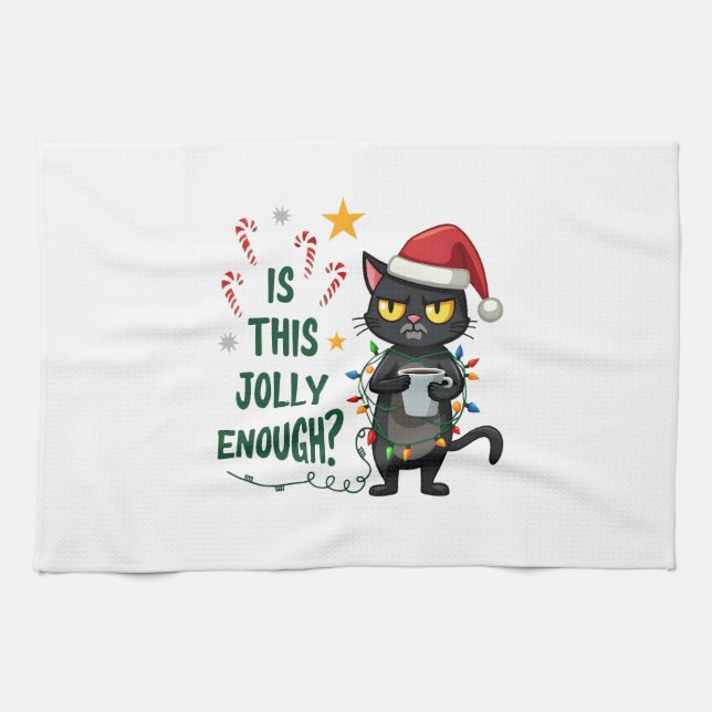 Is This Jolly Enough Black Cat Merry Christmas Tre Kitchen Towel (Horizontal)