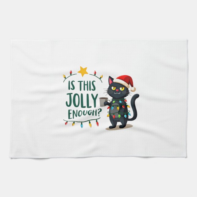 Is This Jolly Enough Black Cat Merry Christmas Tre Kitchen Towel (Horizontal)