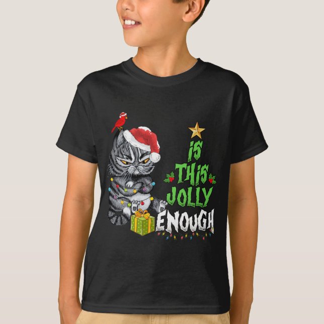 Is This Jolly Enough Black Cat Merry Christmas Tre T-Shirt (Front)