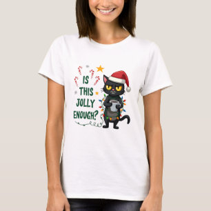 Is This Jolly Enough Black Cat Merry Christmas Tre T-Shirt