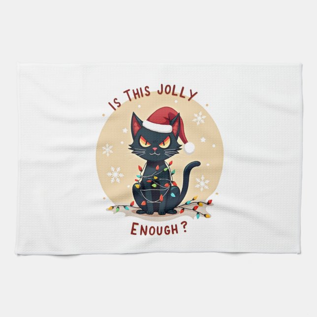 Is This Jolly Enough Funny Black Cat Christmas Tre Kitchen Towel (Horizontal)