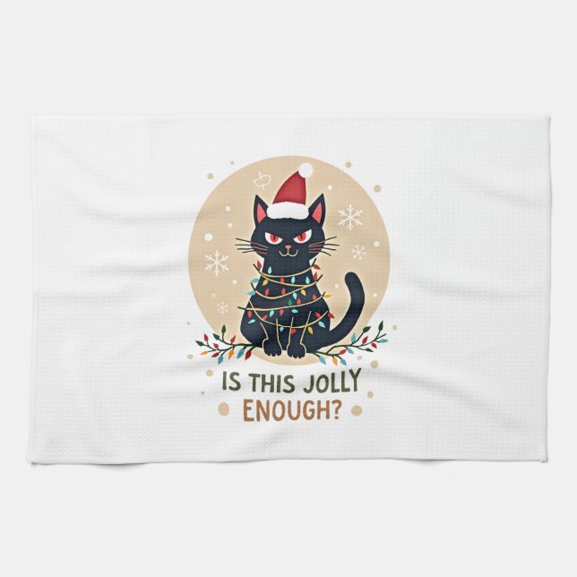 Is This Jolly Enough Funny Black Cat Christmas Tre Kitchen Towel (Horizontal)