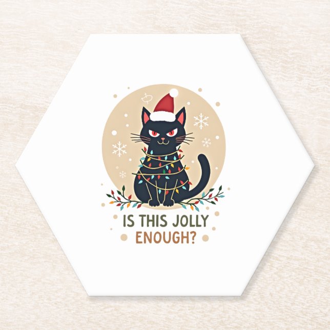 Is This Jolly Enough Funny Black Cat Christmas Tre Paper Coaster (Front)