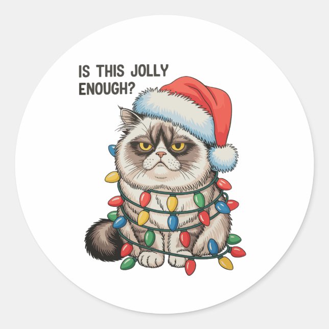Is This Jolly Enough Grumpy Cat Christmas Lights Classic Round Sticker (Front)