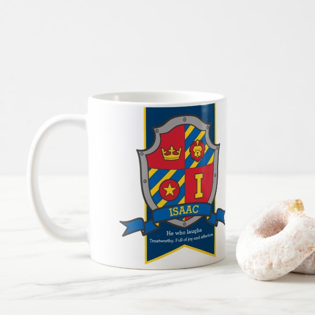 Isaac letter I heraldry red blue name meaning Coffee Mug (With Donut)