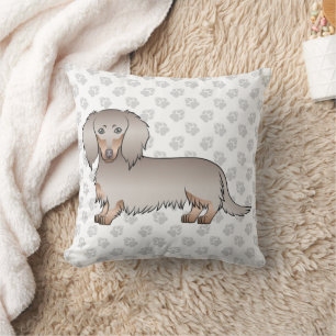 Isabella And Tan Long Hair Dachshund Dog & Paws Throw Pillow