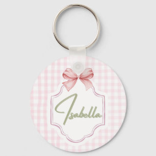 Isabella Personalized Pink Bow & Gingham Print  Keychain