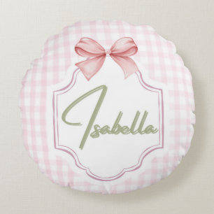 Isabella Personalized Pink Bow & Gingham Print Round Pillow