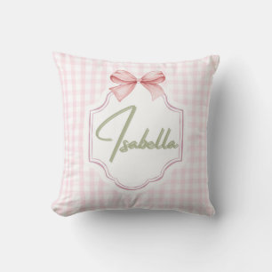 Isabella Personalized Pink Bow & Gingham Print Throw Pillow