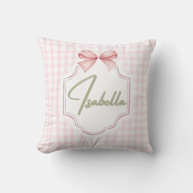 Isabella Personalized Pink Bow & Gingham Print  Throw Pillow (Front)