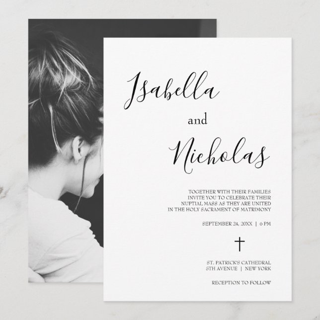 Isabella Simple Modern Script Catholic Wedding Invitation (Front/Back)