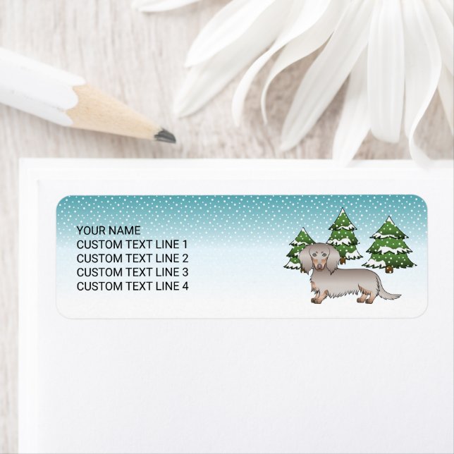 Isabella & Tan Long Hair Dachshund Winter Forest (Insitu)