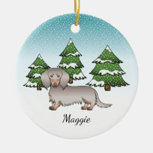 Isabella & Tan Long Hair Dachshund Winter Forest Ceramic Ornament