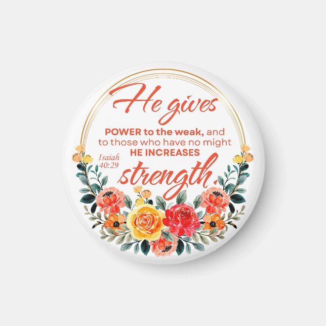Isaiah 40:29 He gives power Red Floral Scripture Magnet (Front)