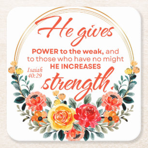 Isaiah 40:29 He gives power Red Floral Scripture Square Paper Coaster