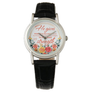 Isaiah 40:29 He gives power Red Floral Scripture Watch