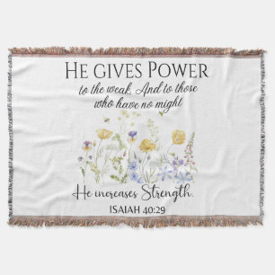 Isaiah 40:29 He gives power Wildflowers Scripture Throw Blanket