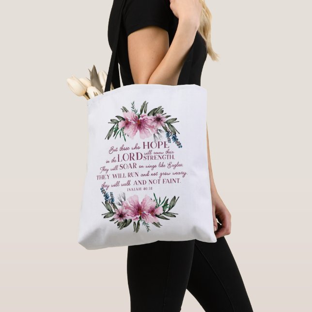 Isaiah 40 Bible Verse with Pink Flowers Tote Bag (Close Up)