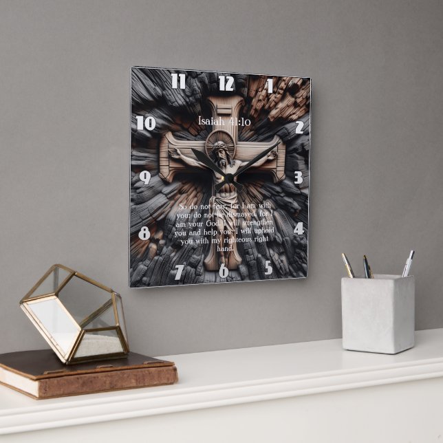 Isaiah 41:10 Carved Jesus Cross  Square Wall Clock (Office)