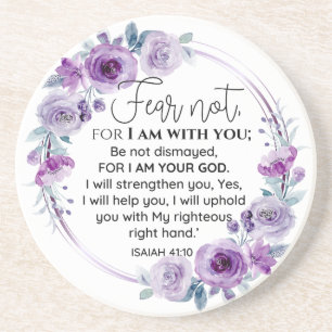 Isaiah 41:10 Fear not Purple Floral Scripture Coaster