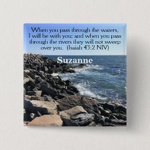 Isaiah 43:2 I Will Be With You Photo of Ocean 2 Inch Square Button