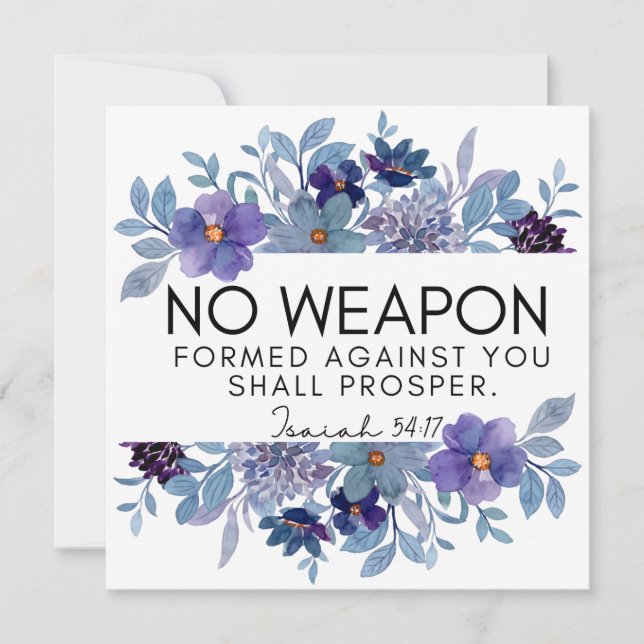 Isaiah 54:17 No Weapon Christian Purple Floral Holiday Card (Front)