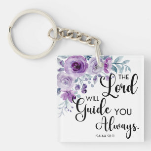 Isaiah 58:11 Purple Floral Christian Bible Verse Keychain