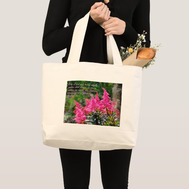 Isaiah 61:11 Pink Floral Inspirational Large Tote Bag (Front (Product))