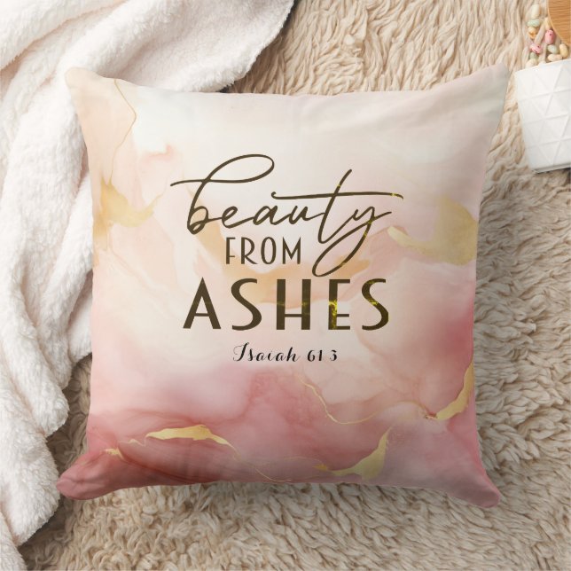 Isaiah 61 3 Beauty from Ashes Bible Verse Pink Throw Pillow (Blanket)