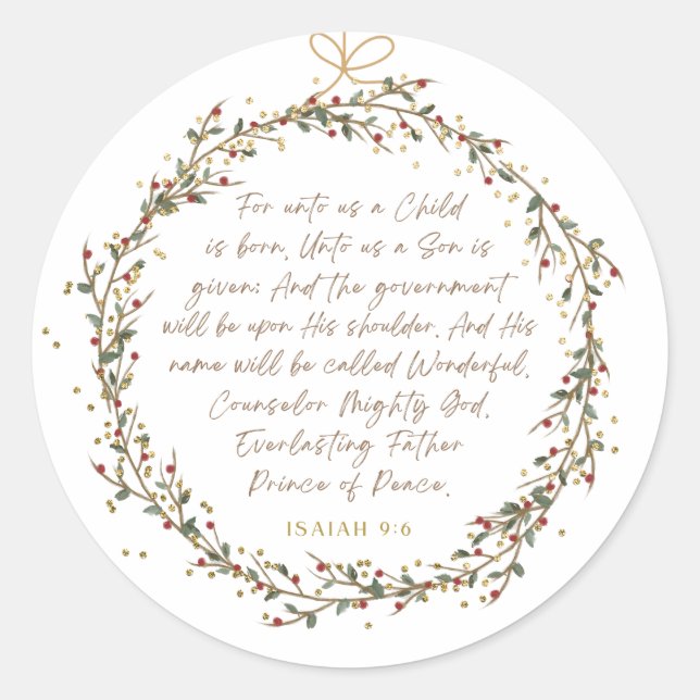 Isaiah 9:6 Christmas Bible Verse Classic Round Sticker (Front)