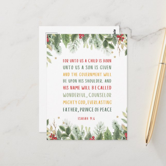 Isaiah 9:6 For Unto Us A Child is Born Christmas Postcard (Front/Back In Situ)