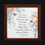 Isaiah 9:6 He will be called Wonderful...Christmas Gift Box<br><div class="desc">Beautiful inspirational quote Christmas Wooden Jewellery Keepsake Box depicts watercolor poinsettia bouquets and features a portion of Bible Verse Isaiah 9:6,  "For unto us a child is born. He will be called Wonderful,  Counsellor,  Mighty God,  Everlasting Father,  Prince of Peace."</div>
