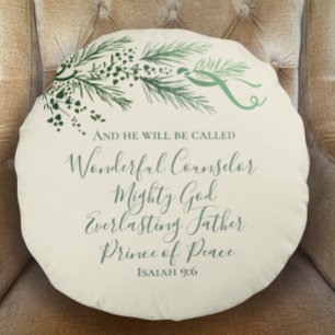 Isaiah 9:6 Personalized Modern Pine Christmas Gift Round Pillow