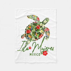 Isla Mujeres Mexico Sea Turtle Tropical Hibiscus V Fleece Blanket
