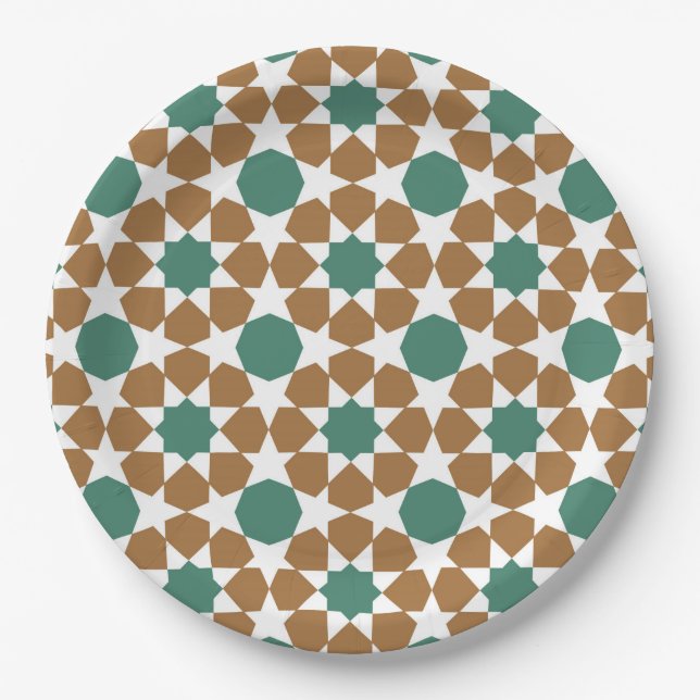 Islamic Arabic Geometric Blue Brown Motif Pattern Paper Plate (Front)
