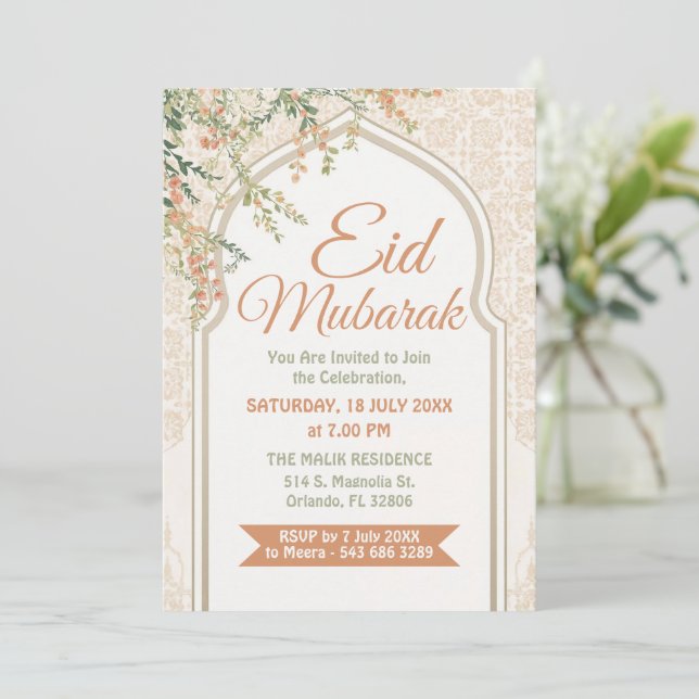 Islamic Arch Floral Eid Mubarak Invitation (Debout devant)