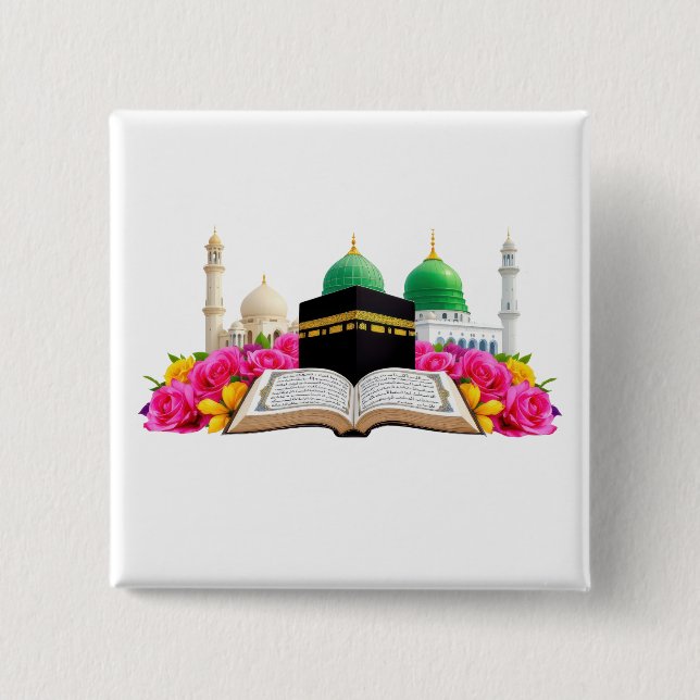 Islamic Art Quran With Mosque And Roses 2 Inch Square Button (Front)