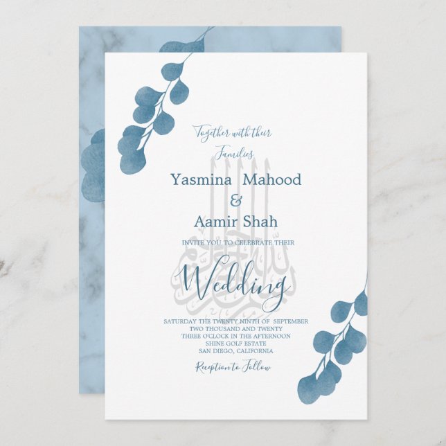 Islamic Bismillah Blue Eucalyptus Modern Wedding Invitation (Front/Back)