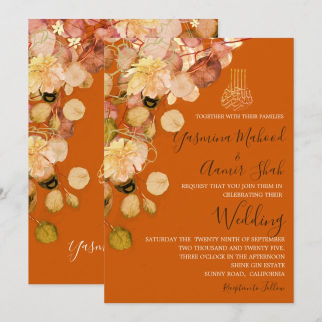 Islamic Bismillah Burnt Orange Floral Wedding Invitation (Front/Back)