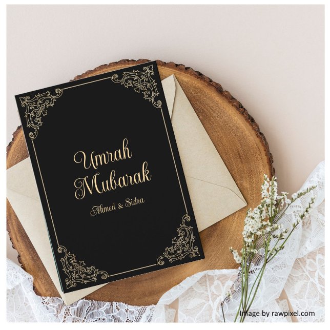 Islamic Black Gold Umrah Mubarak Greeting Card (Creator Uploaded)