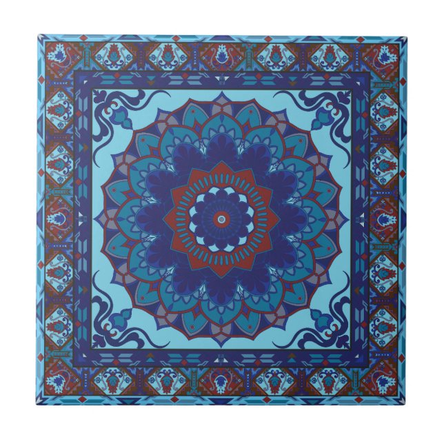 Islamic Blue And Red Pattern Ceramic Tile (Front)