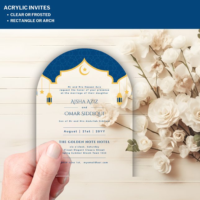Islamic Blue Gold Nikah Muslim Wedding Elegant Acrylic Invitations (Creator Uploaded)