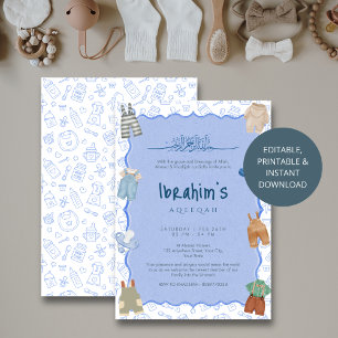 Islamic Blue Watercolor Baby Boy Aqiqah Invitation