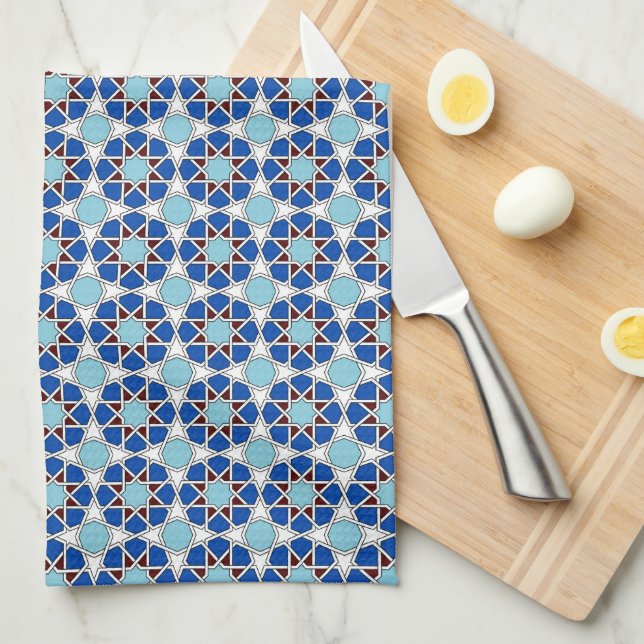 Islamic Blue White Moroccan Geometric Pattern Kitchen Towel (Quarter Fold)
