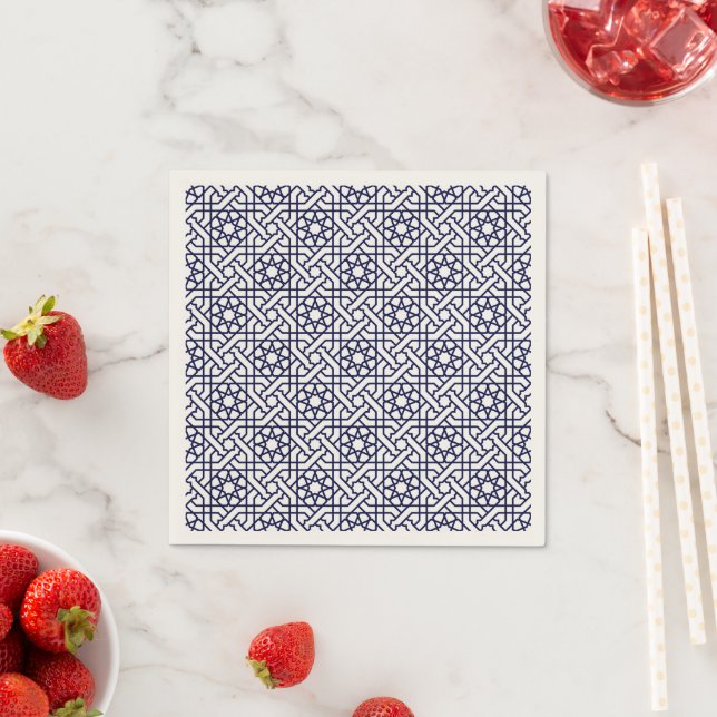 Islamic Blue White Moroccan Geometric Pattern Napkin (Insitu)