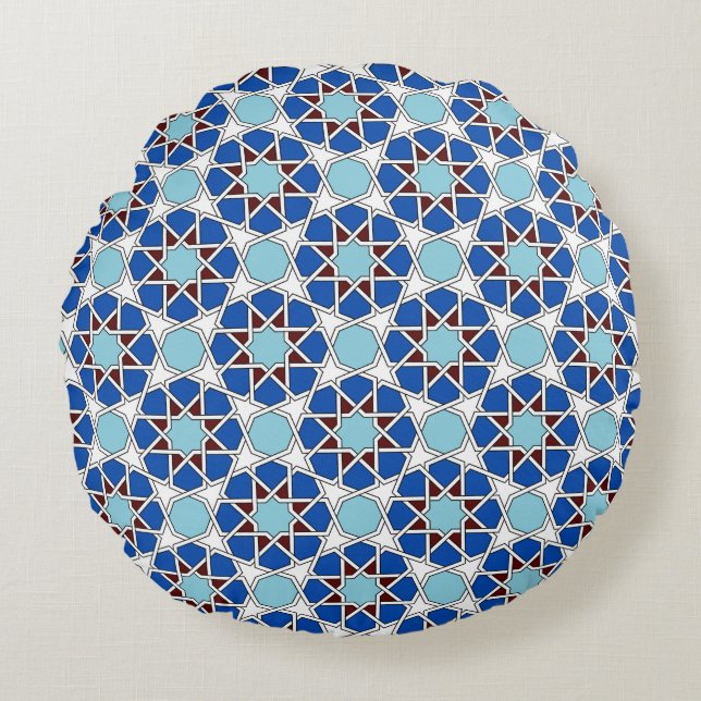 Islamic Blue White Moroccan Geometric Pattern Round Pillow (Front)