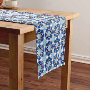 Islamic Blue White Moroccan Geometric Pattern Short Table Runner