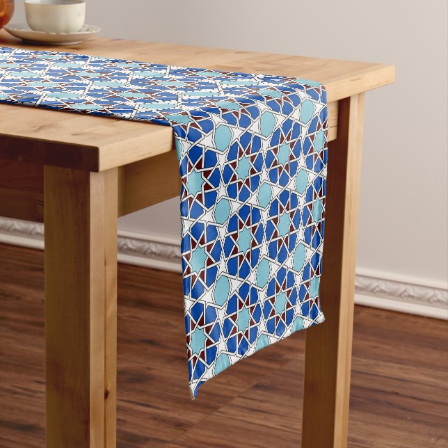 Islamic Blue White Moroccan Geometric Pattern Short Table Runner (In Situ)