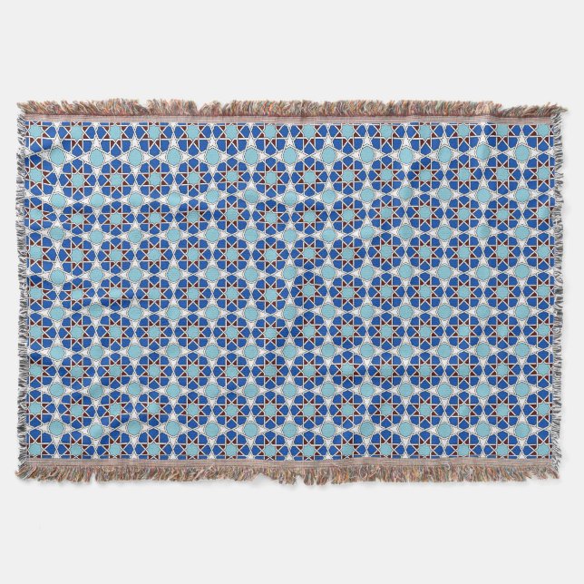 Islamic Blue White Moroccan Geometric Pattern Throw Blanket (Front)